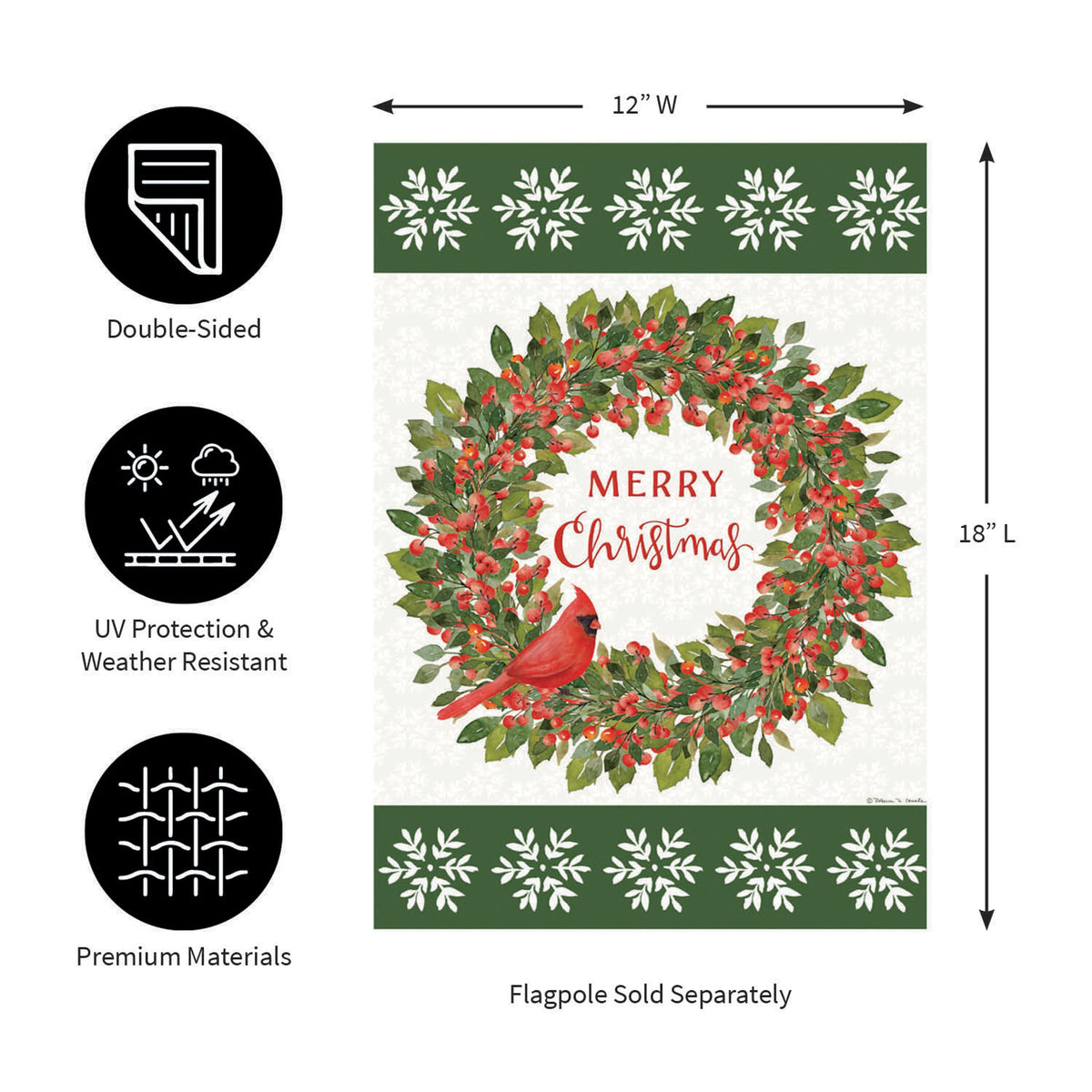 Moire garden flag with cardinal on holly wreath and Merry Christmas Evergreen Enterprises on Tampa Home & Garden Store