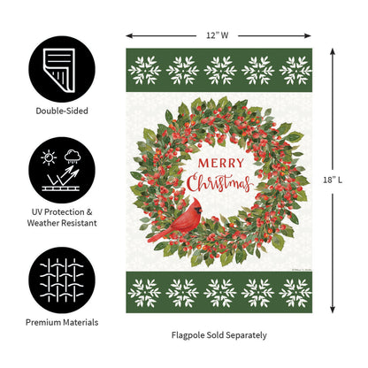 Moire garden flag with cardinal on holly wreath and Merry Christmas Evergreen Enterprises on Tampa Home & Garden Store