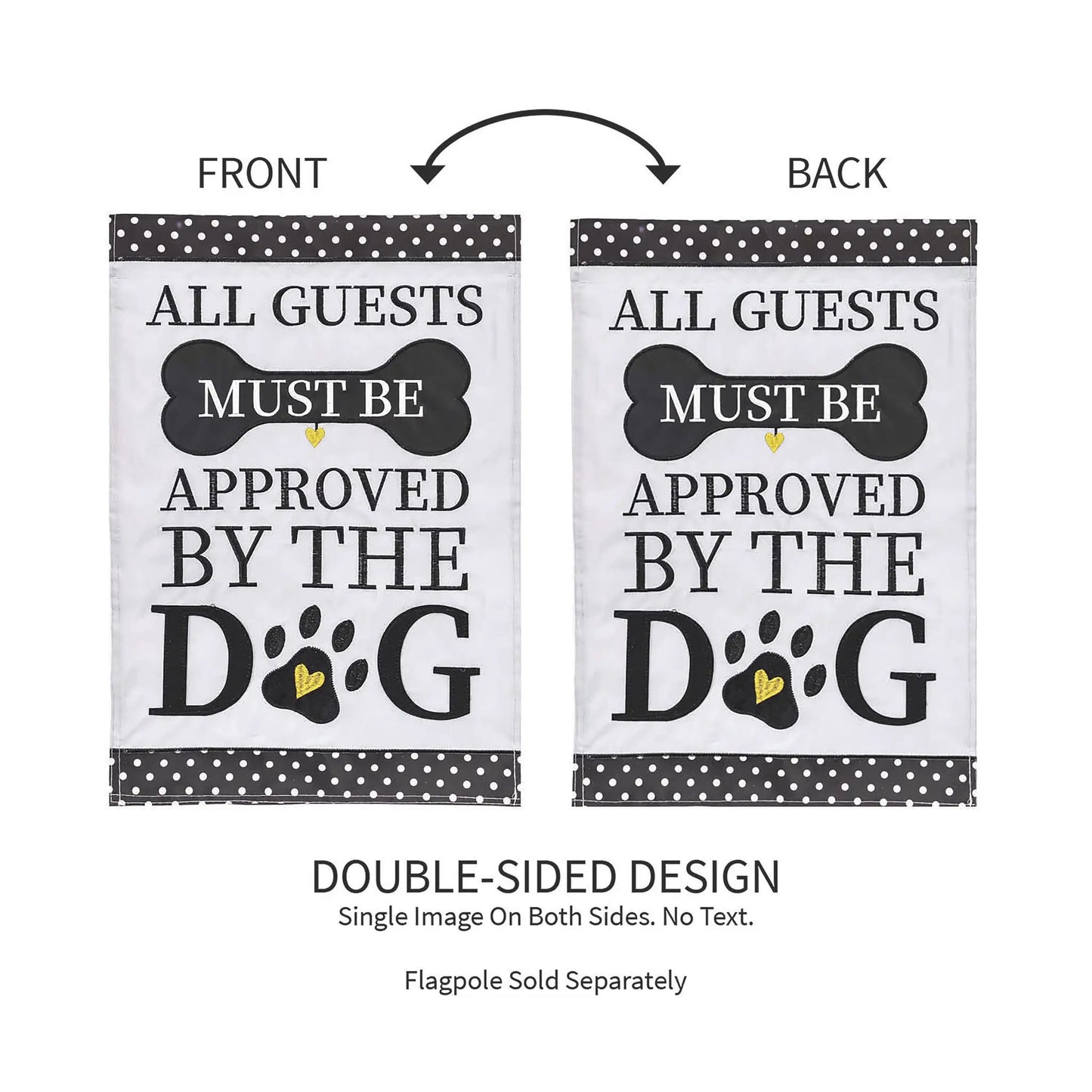 Approved by the Dog Garden Applique Flag, two flags shown, bone graphic and yellow heart on Tampa Home & Garden Store