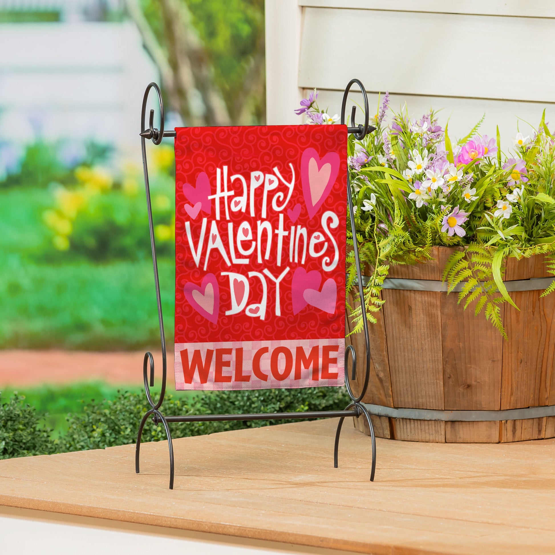 Burlap garden flag red with pink hearts Happy Valentine's Day by Evergreen Enterprises on Tampa Home & Garden Store