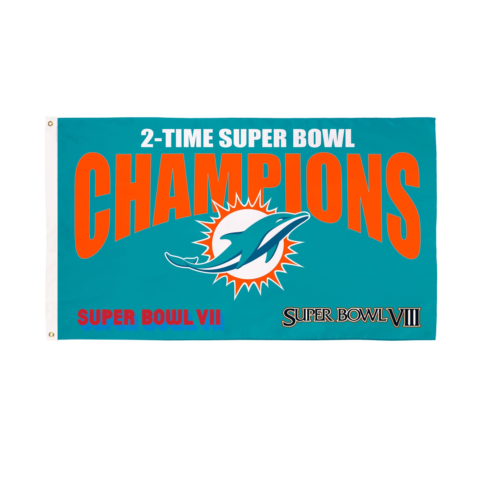 Miami Dolphins 3x5 sublimated flag teal field with 2-TIME SUPER BOWL CHAMPIONS and Dolphins logo on Tampa Home & Garden Store