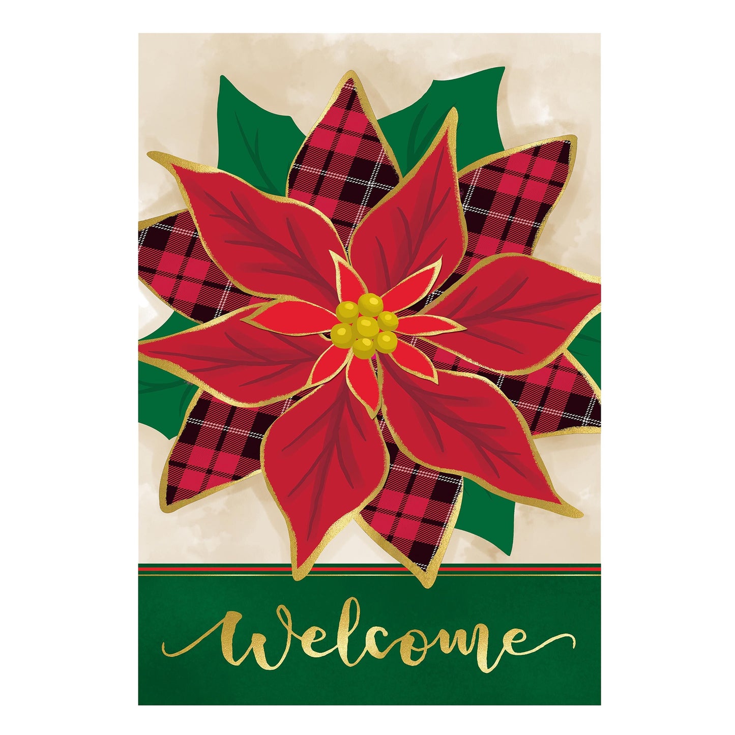 Welcome Poinsettia Applique Garden Flag with red petals and plaid accents on green background on Tampa Home & Garden Store