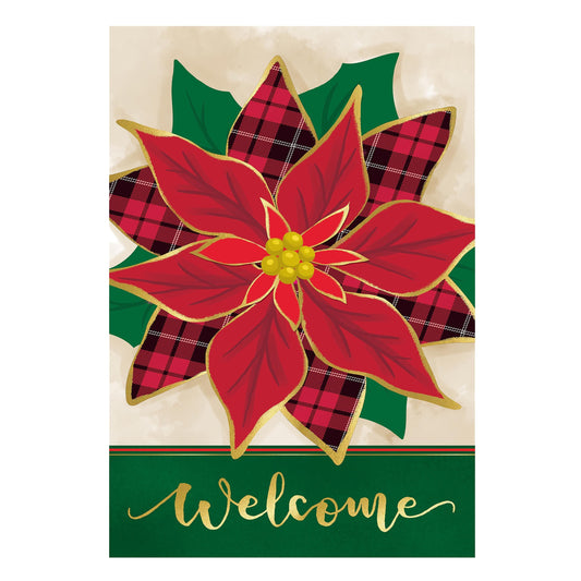 Welcome Poinsettia Applique Garden Flag with red petals and plaid accents on green background on Tampa Home & Garden Store