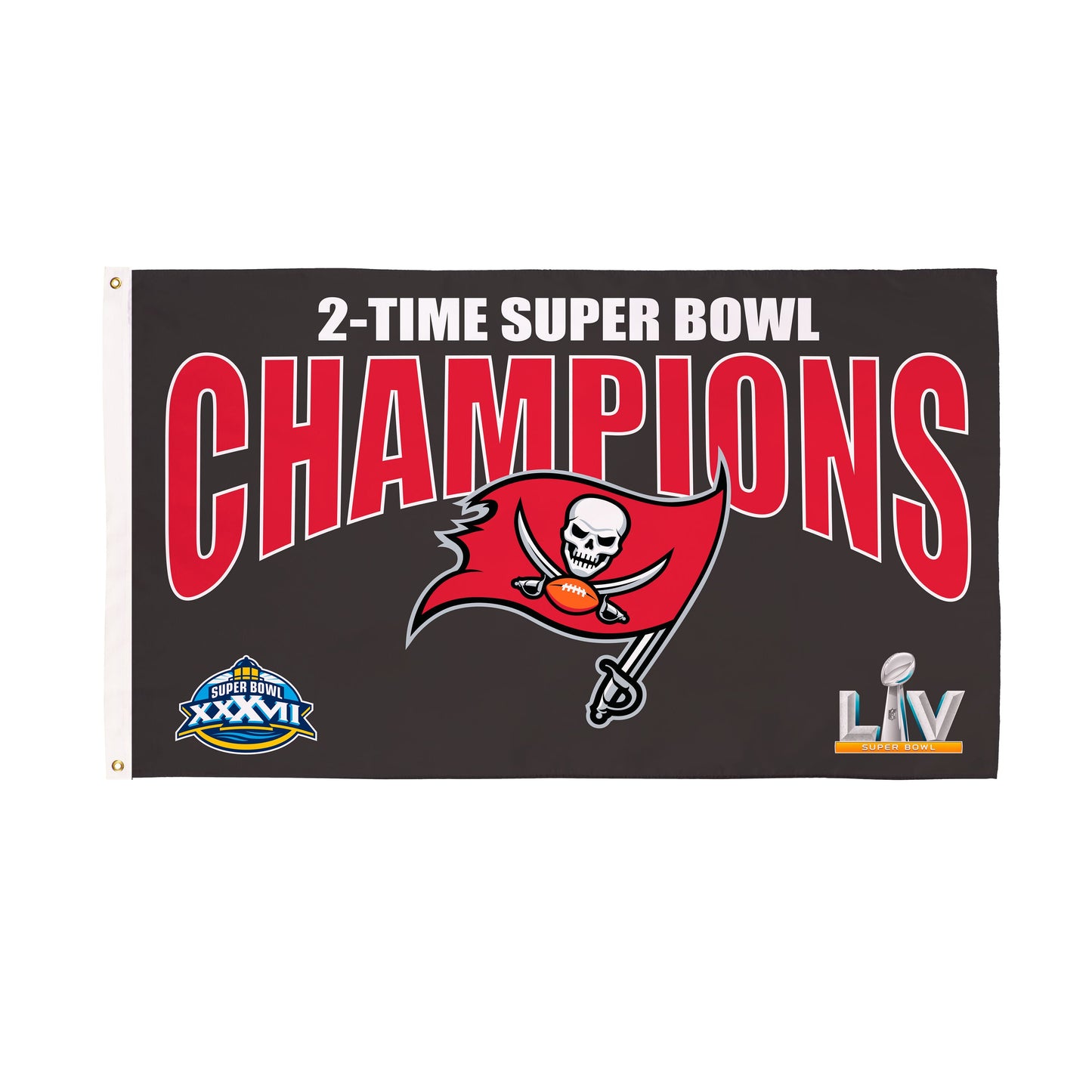 Sublimated 3x5 flag Tampa Bay Buccaneers 2-Time Champions with CHAMPIONS and skull logo on Tampa Home & Garden Store