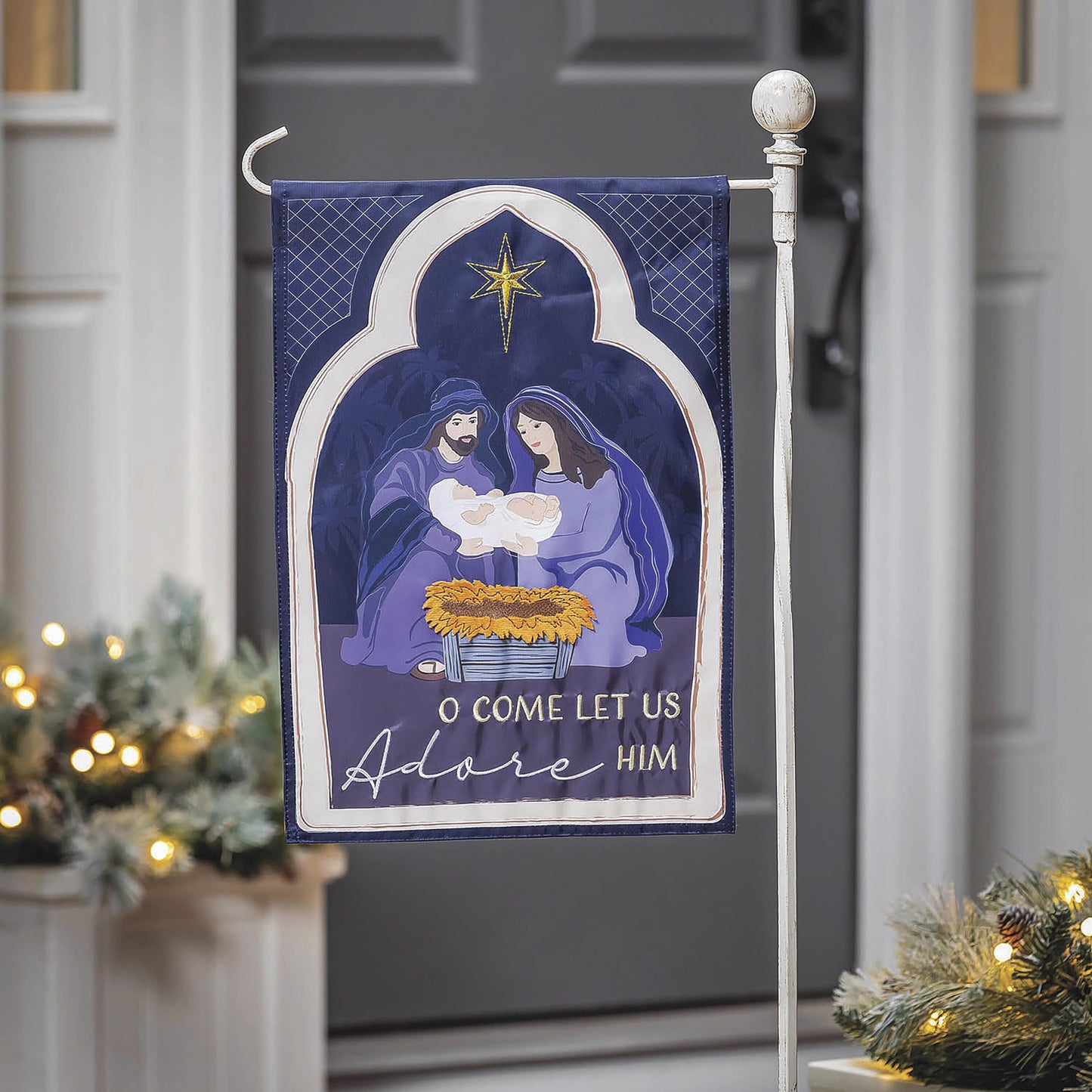 Come Let Us Adore Him applique garden flag with nativity scene in blue on white distressed stand on Tampa Home & Garden Store
