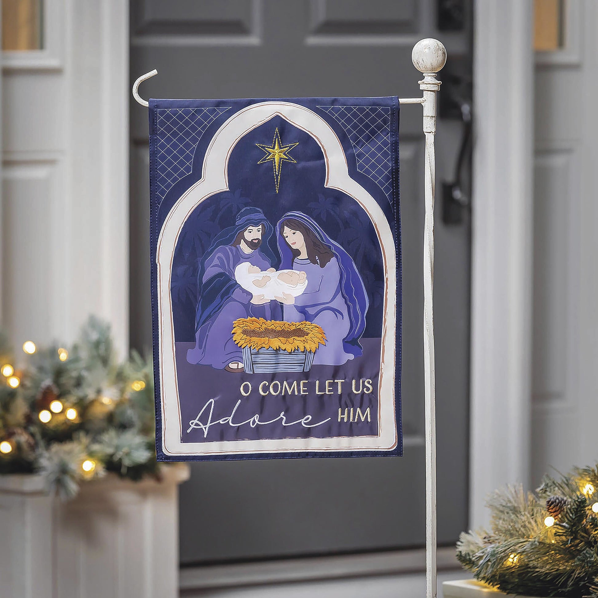 Come Let Us Adore Him applique garden flag with nativity scene in blue on white distressed stand on Tampa Home & Garden Store