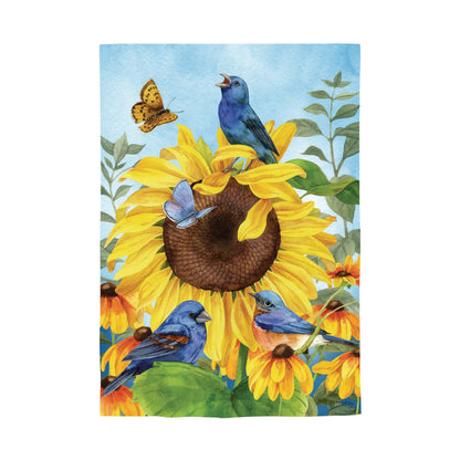 Sunflower Glory Suede Garden Flag by Evergreen Enterprises; sunflowers with blue birds on Tampa Home & Garden Store