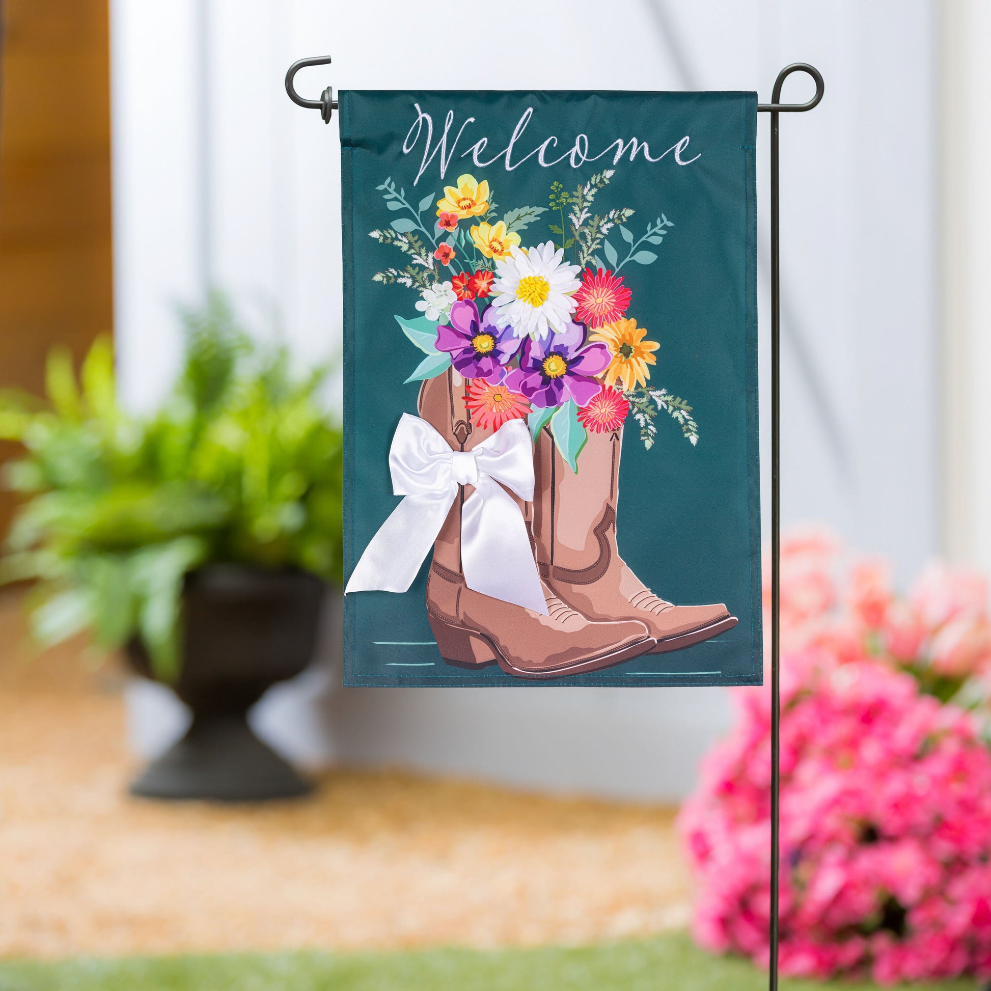 Boots And Bow Floral Applique Garden Flag teal with bouquet and white bow on Tampa Home & Garden Store