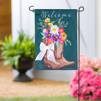 Boots And Bow Floral Applique Garden Flag teal with bouquet and white bow on Tampa Home & Garden Store