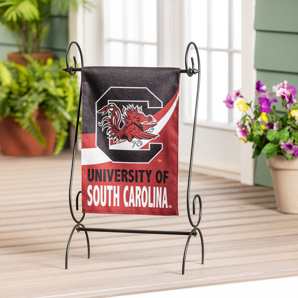 Burlap garden flag featuring University of South Carolina logo in red, black and white on Tampa Home & Garden Store