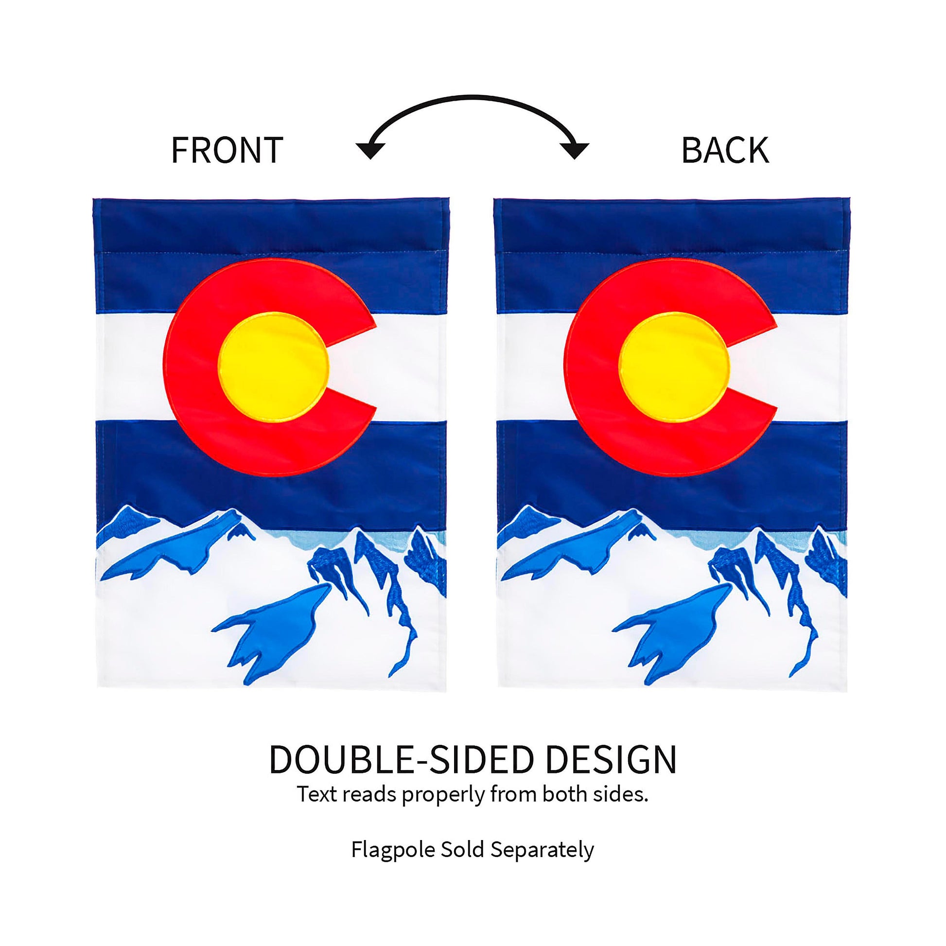 Colorado State Garden Applique Flag, 2 flags show blue-white-red flag design, double-sided on Tampa Home & Garden Store