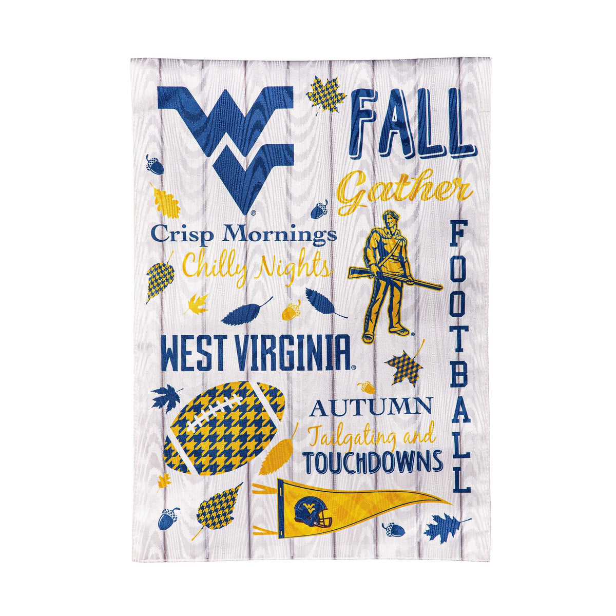 Moire flag West Virginia University design with blue interlocking WVU logo and fall leaves on Tampa Home & Garden Store
