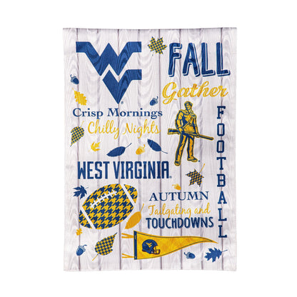 Moire flag West Virginia University design with blue interlocking WVU logo and fall leaves on Tampa Home & Garden Store