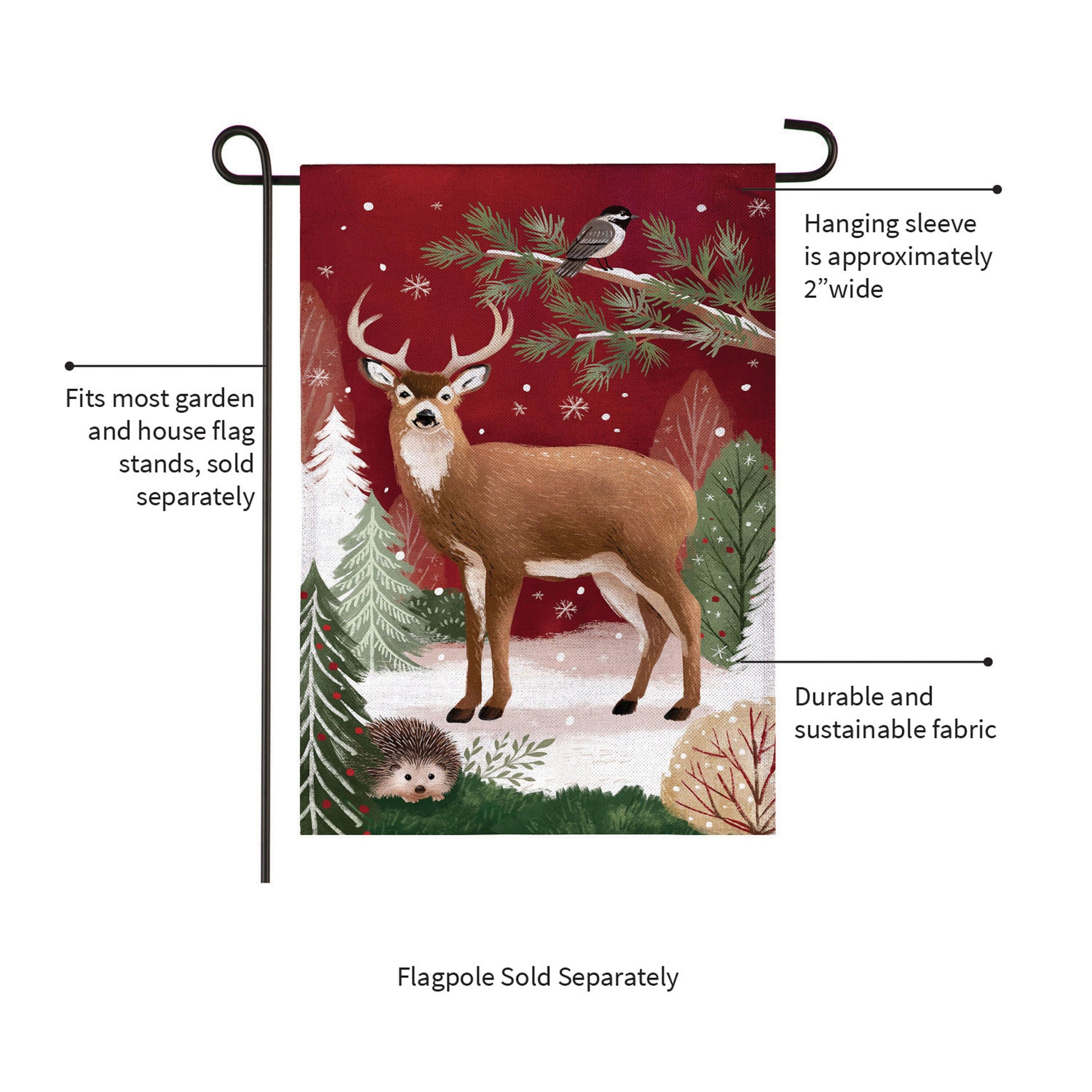 Woodland Storybook Reindeer Burlap Garden Flag red winter scene with deer and pine branches on Tampa Home & Garden Store