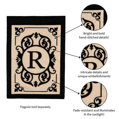 Cambridge Monogram Applique Flag Letter R beige panel with ornate black scrollwork border on Tampa Home & Garden Store