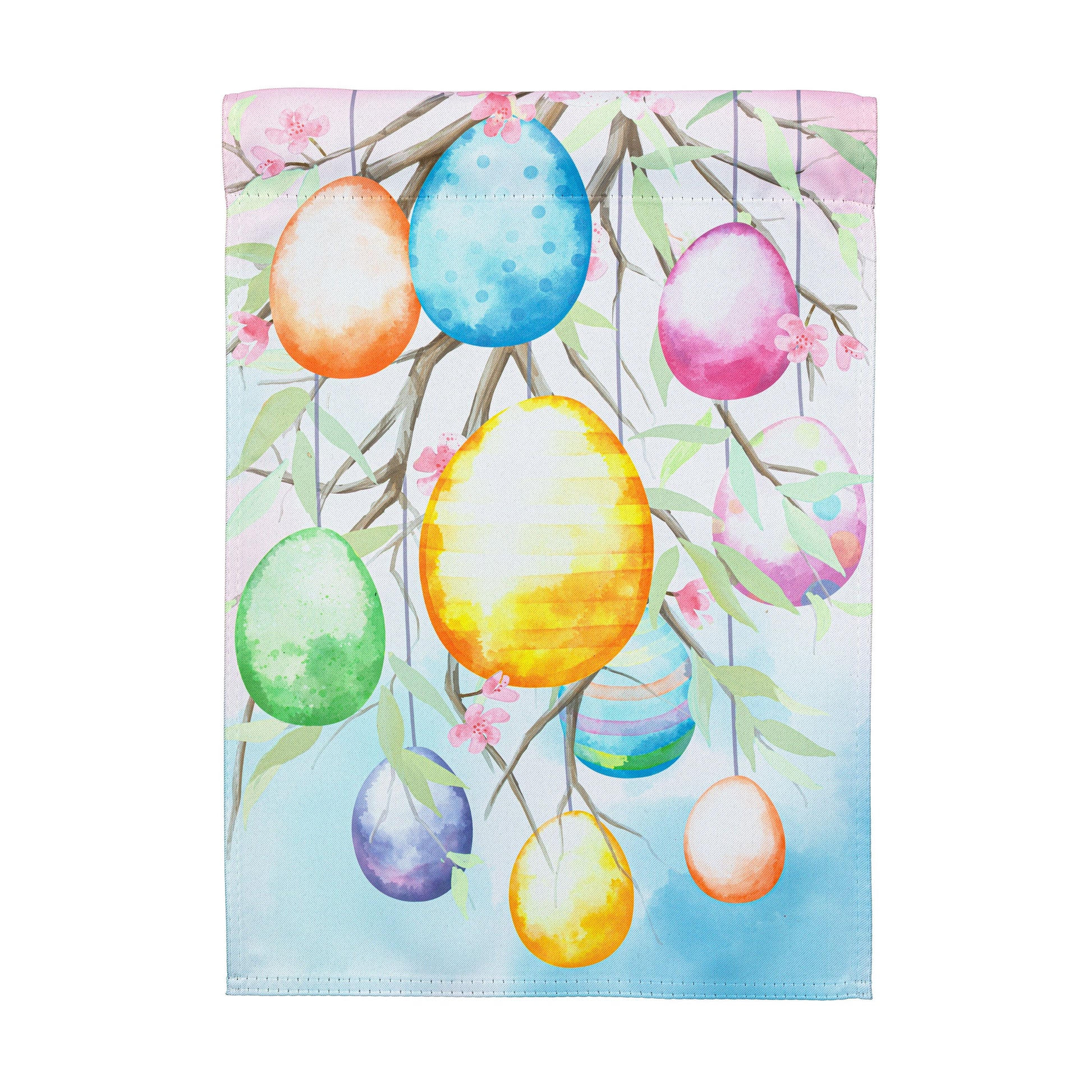 Hop Into Spring Egg Tree Suede Garden Flag with pastel Easter eggs on branches on Tampa Home & Garden Store