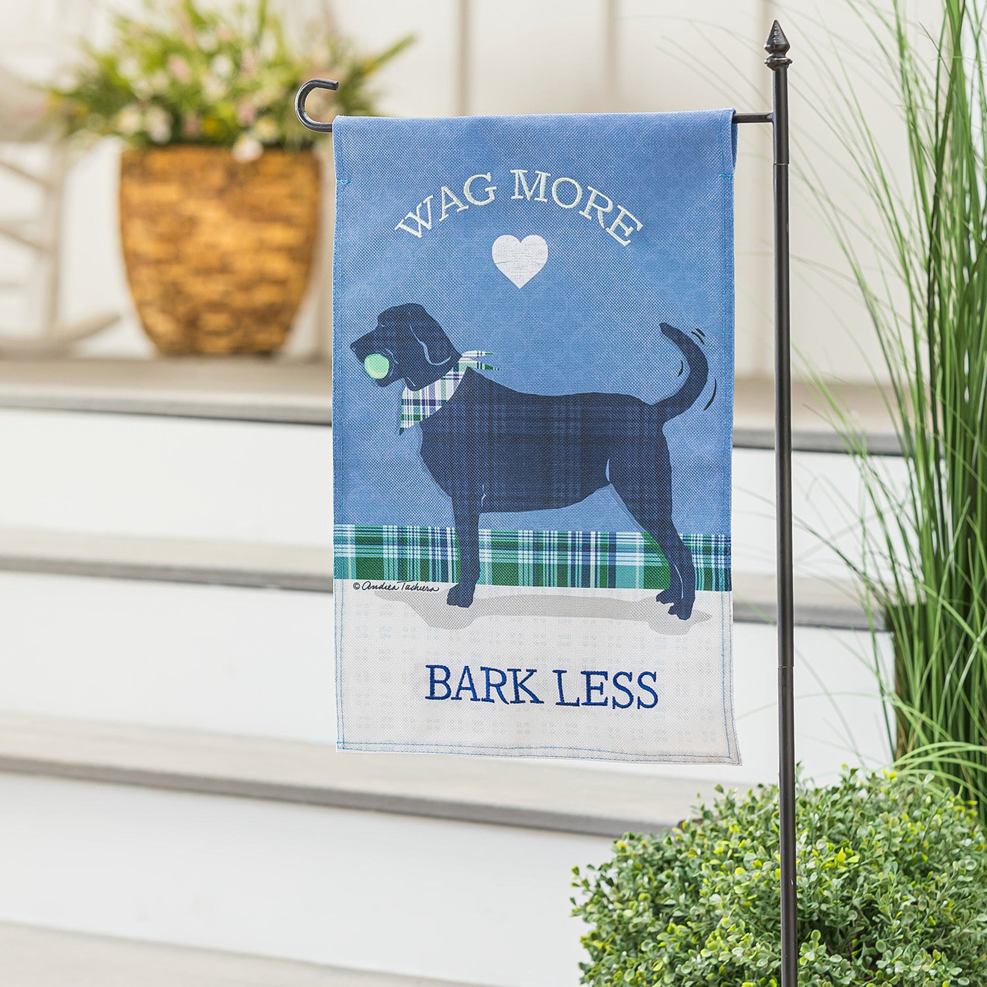 Wag More, Bark Less Garden Burlap Flag blue burlap with dog graphic Evergreen Enterprises on Tampa Home & Garden Store