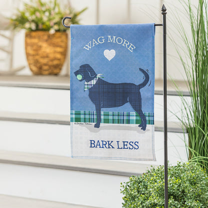 Wag More, Bark Less Garden Burlap Flag blue burlap with dog graphic Evergreen Enterprises on Tampa Home & Garden Store