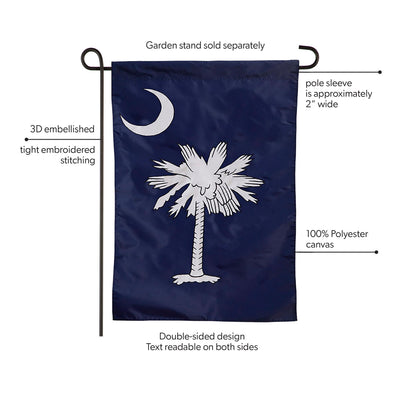 South Carolina Garden Applique Flag on garden stand navy blue 100% polyester with crescent on Tampa Home & Garden Store
