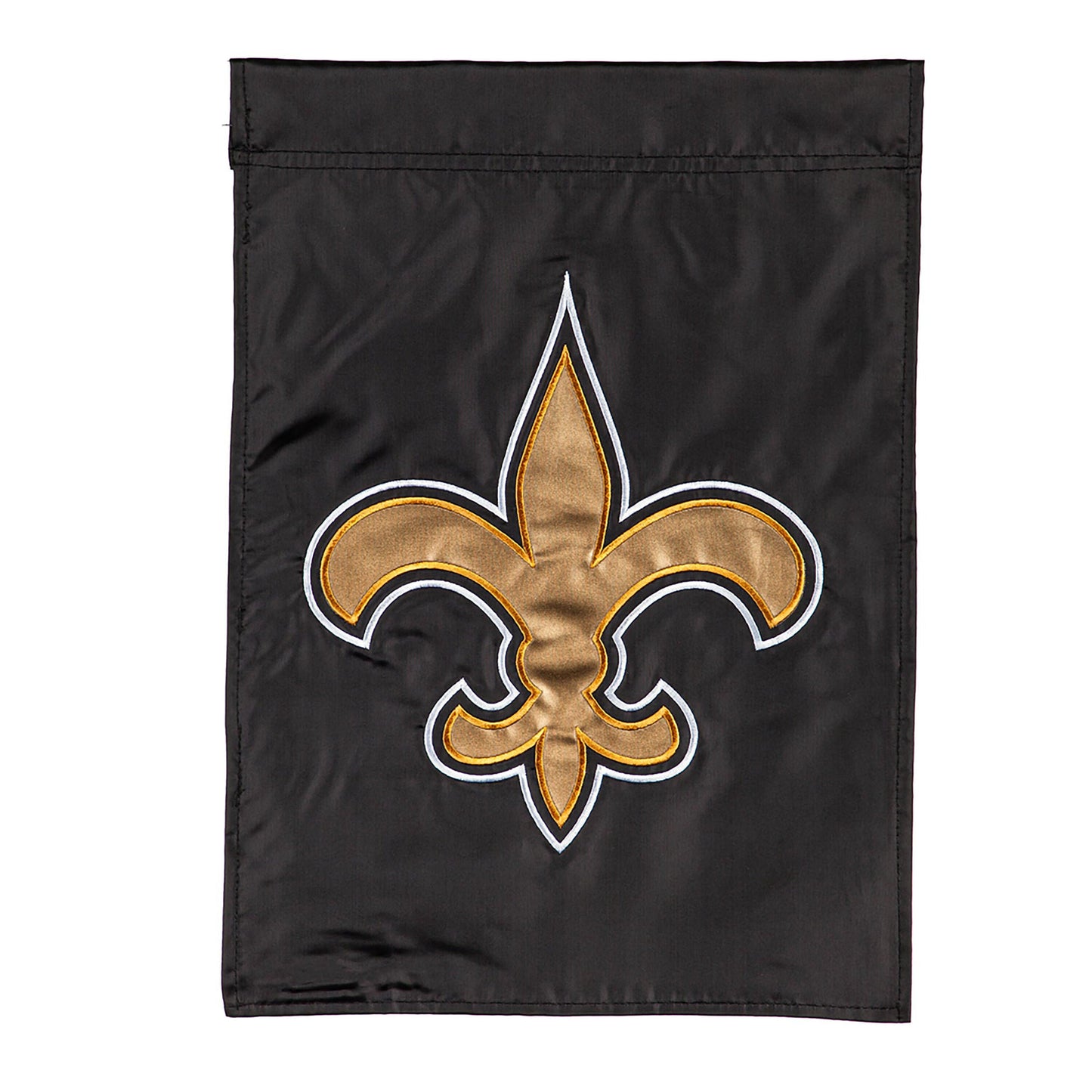 New Orleans Saints applique garden flag on black fabric with gold fleur-de-lis on Tampa Home & Garden Store