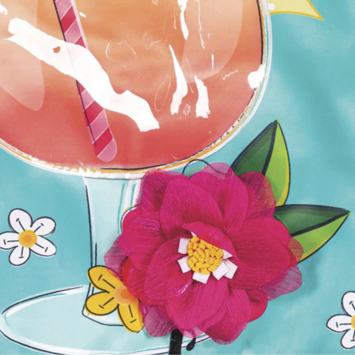 It's Happy Hour Somewhere Applique Garden Flag with bright pink flowers on turquoise background on Tampa Home & Garden Store