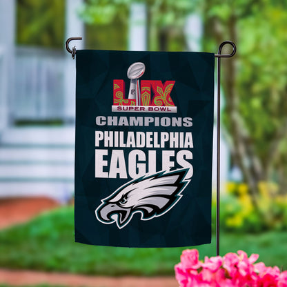 Philadelphia Eagles Super Bowl 59 Champions flag with Eagles logo on teal geometric banner stand on Tampa Home & Garden Store