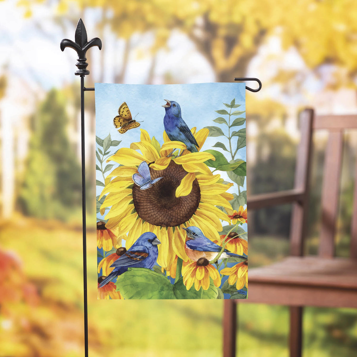 Sunflower Glory Suede Garden Flag blue sky with sunflowers Evergreen Enterprises on a stake on Tampa Home & Garden Store