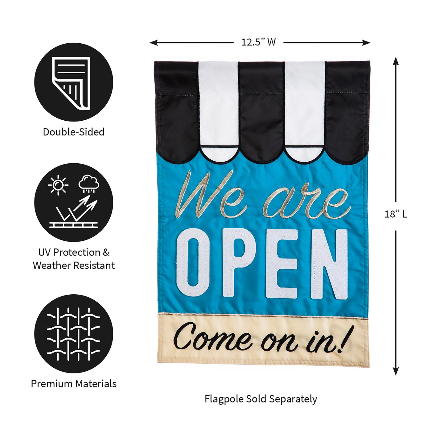 We Are Open garden applique flag blue field with white OPEN letters striped top Evergreen on Tampa Home & Garden Store