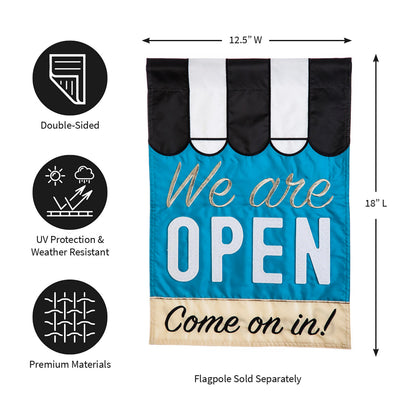 We Are Open garden applique flag blue field with white OPEN letters striped top Evergreen on Tampa Home & Garden Store