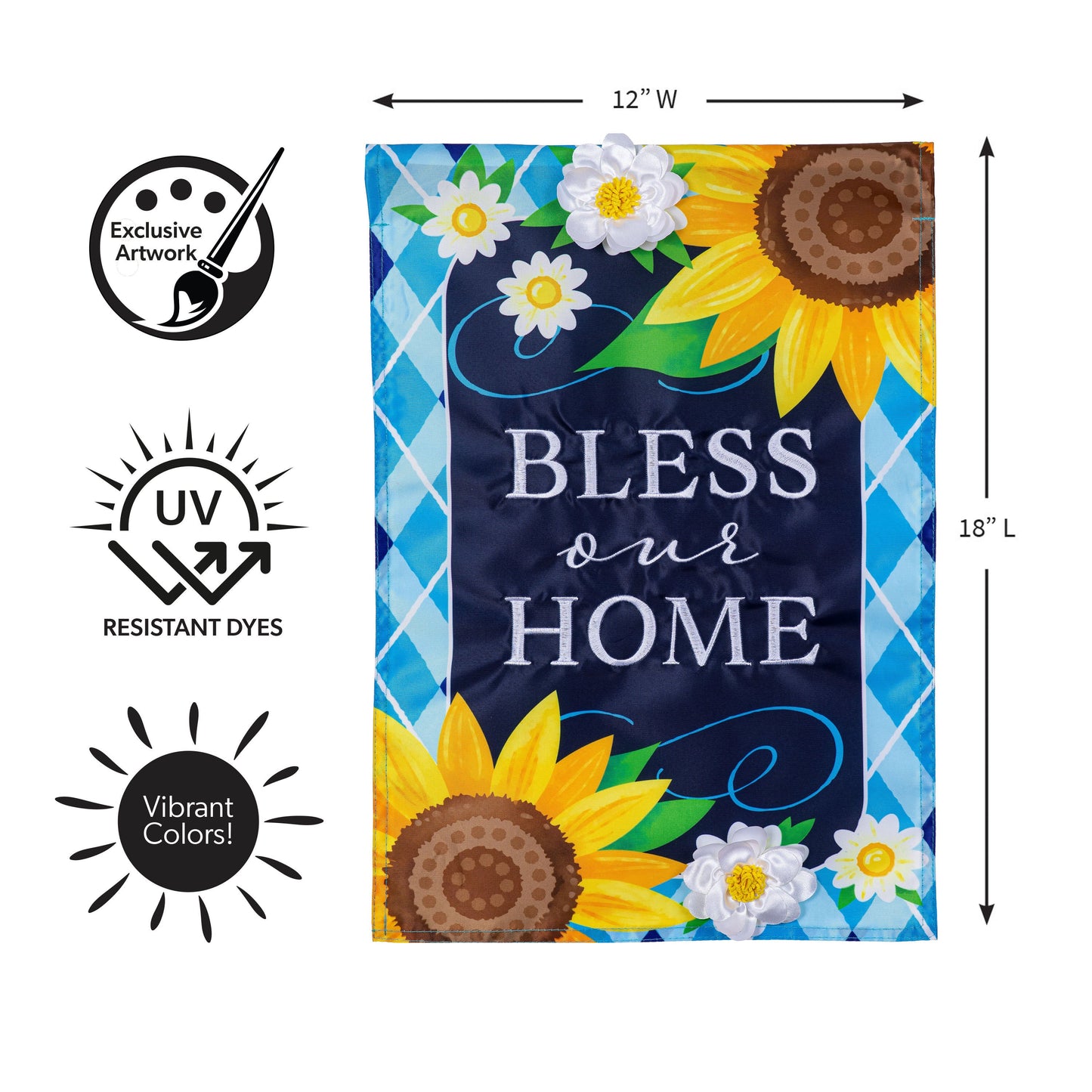 Bless Our Home sunflowers applique garden flag by Evergreen Enterprises, vibrant colors on Tampa Home & Garden Store