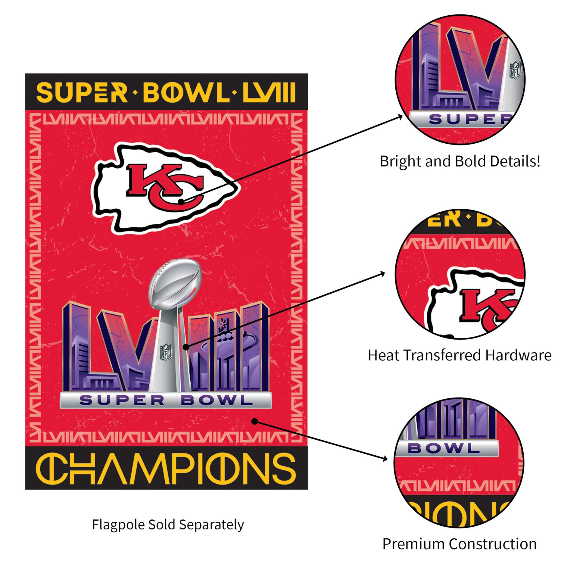 Kansas City Chiefs SB58 Champions embossed suede flag red with KC team logo on Tampa Home & Garden Store