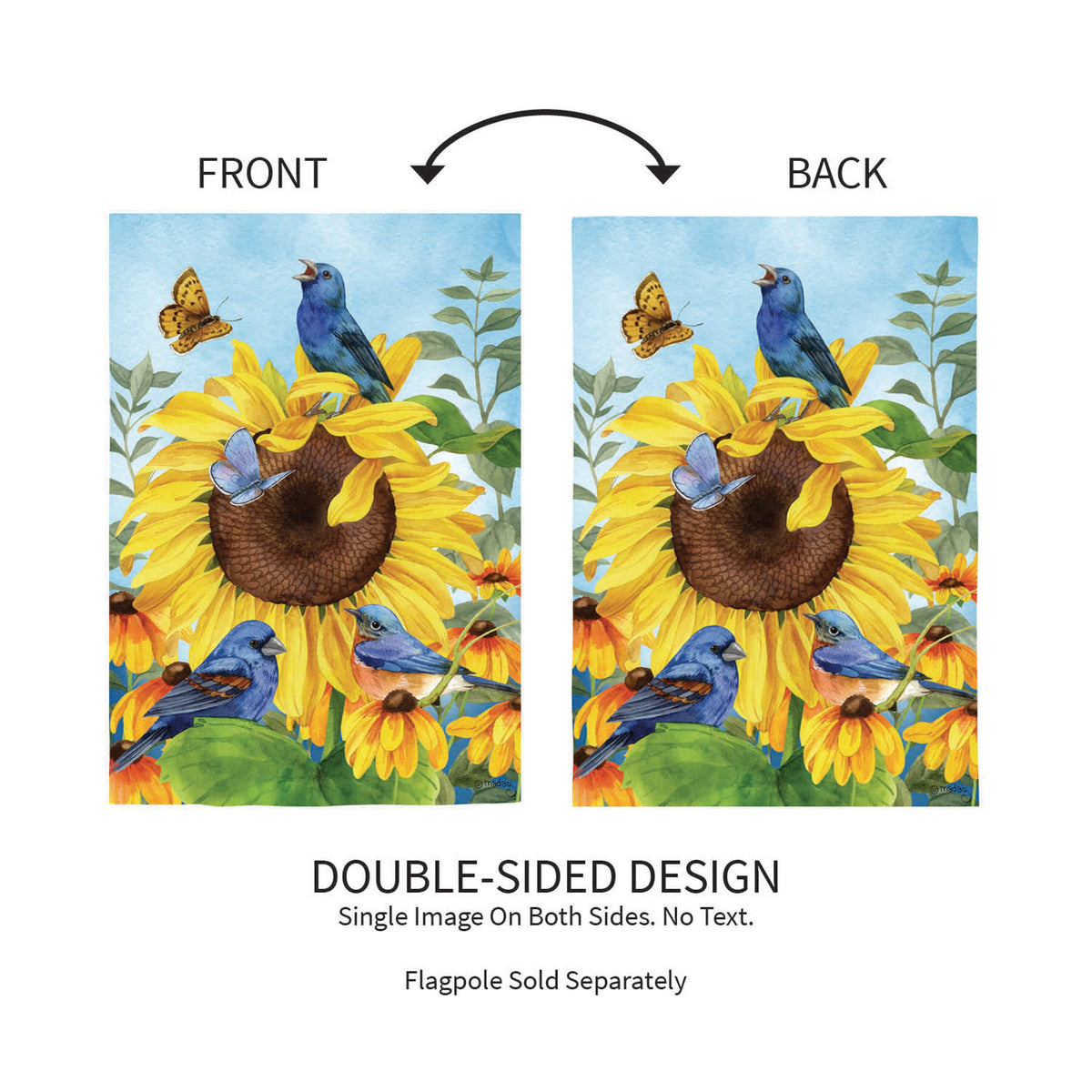 Sunflower Glory Suede Garden Flag two-sided with sunflowers and bluebirds Evergreen Enterprises on Tampa Home & Garden Store