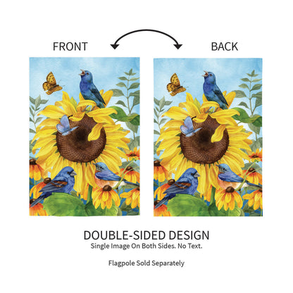 Sunflower Glory Suede Garden Flag two-sided with sunflowers and bluebirds Evergreen Enterprises on Tampa Home & Garden Store