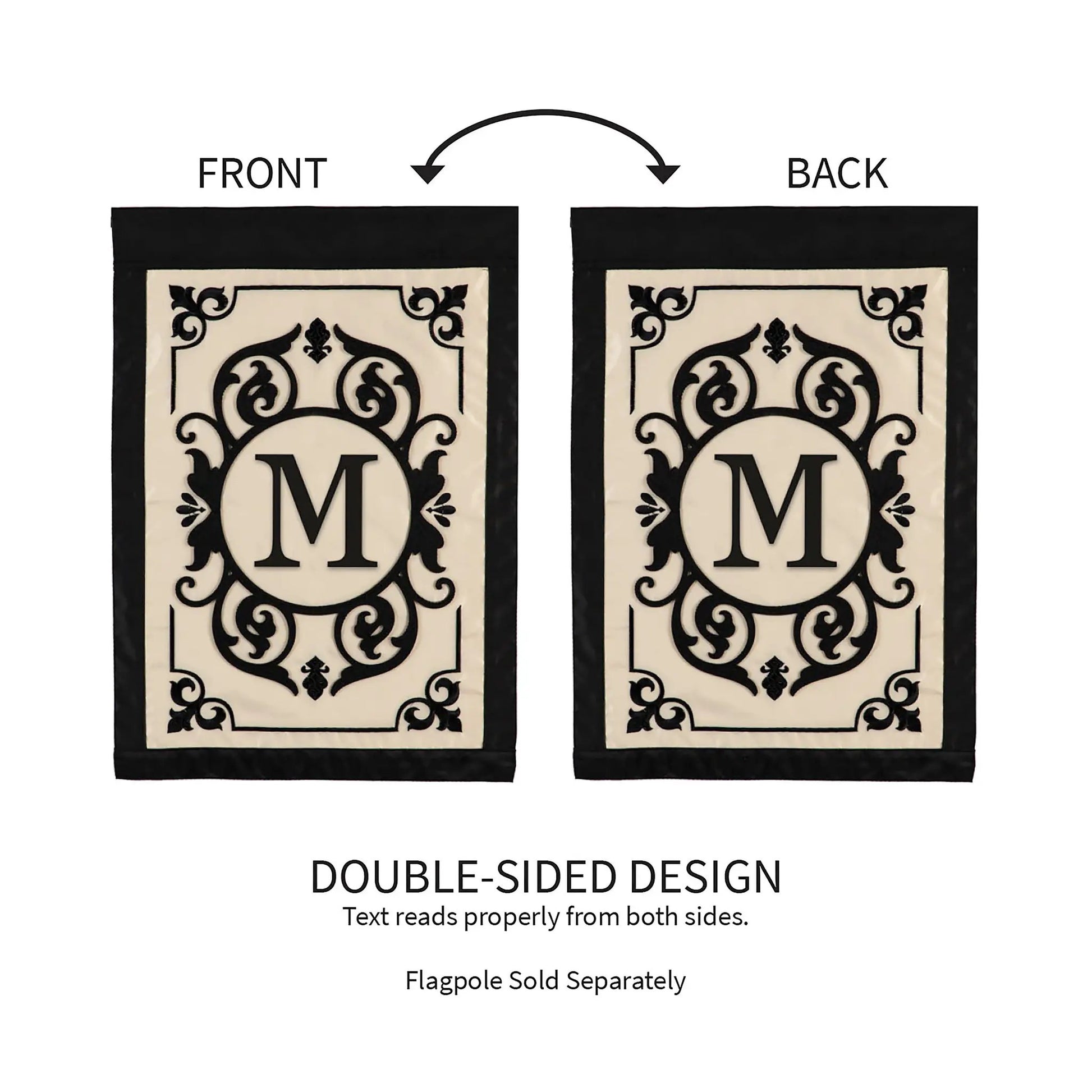Cambridge Monogram Garden Applique Flag M, 2-pack, double-sided design, cream with black ornate frame, Evergreen Enterprises on Tampa Home & Garden Store
