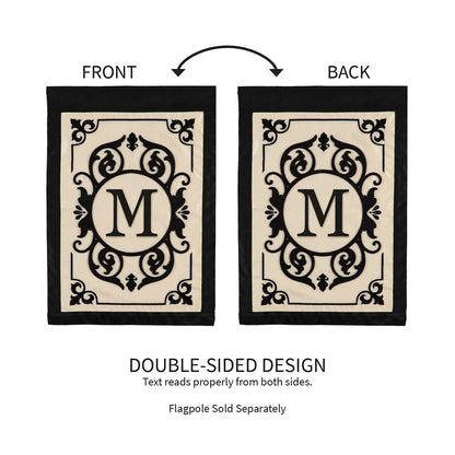 Cambridge Monogram Garden Applique Flag M, 2-pack, double-sided design, cream with black ornate frame, Evergreen Enterprises on Tampa Home & Garden Store