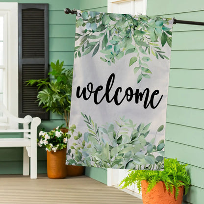 Burlap greenery welcome house flag with green leafy print for porch on Tampa Home & Garden Store