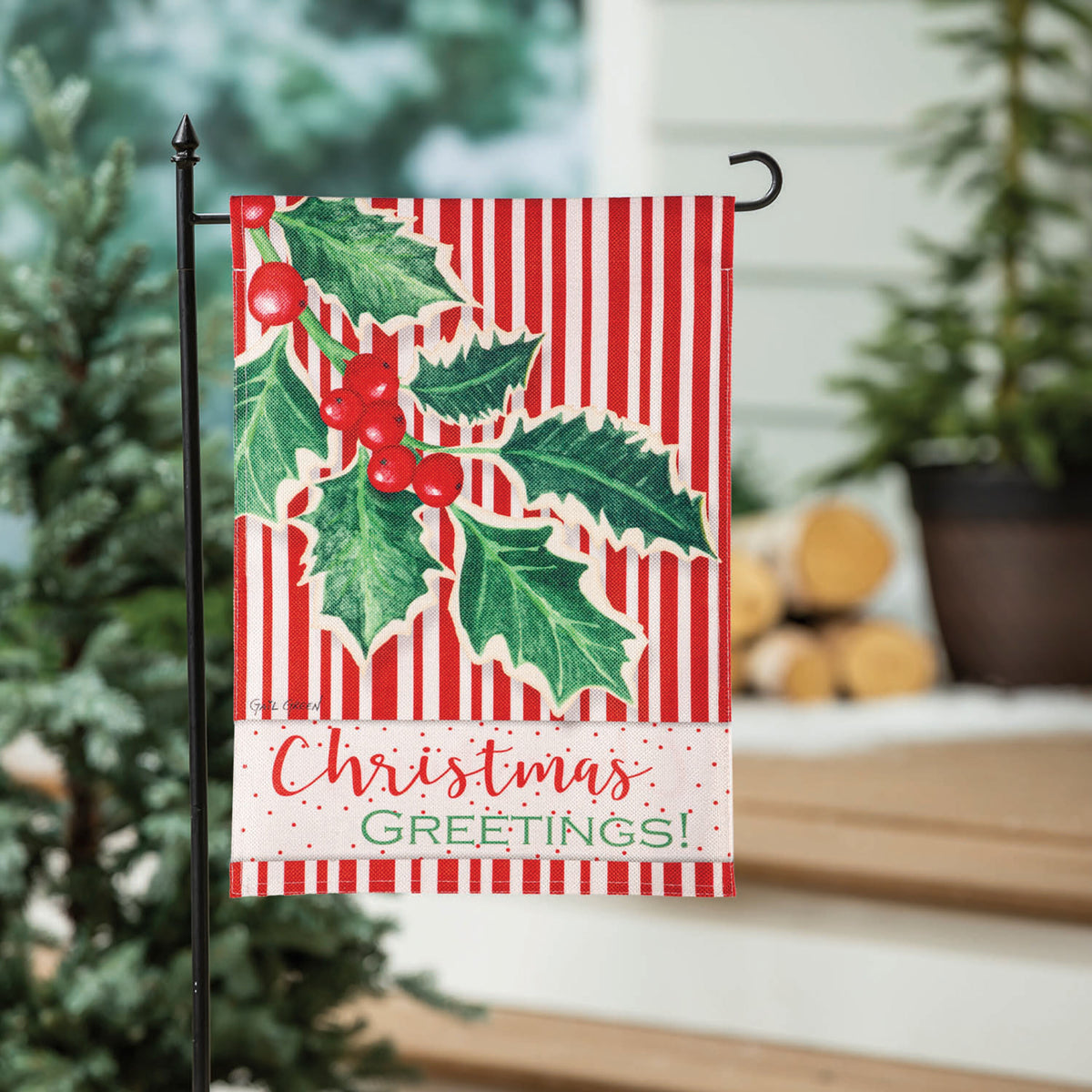 Christmas Greetings Burlap Garden Flag with red stripes and holly on Tampa Home & Garden Store