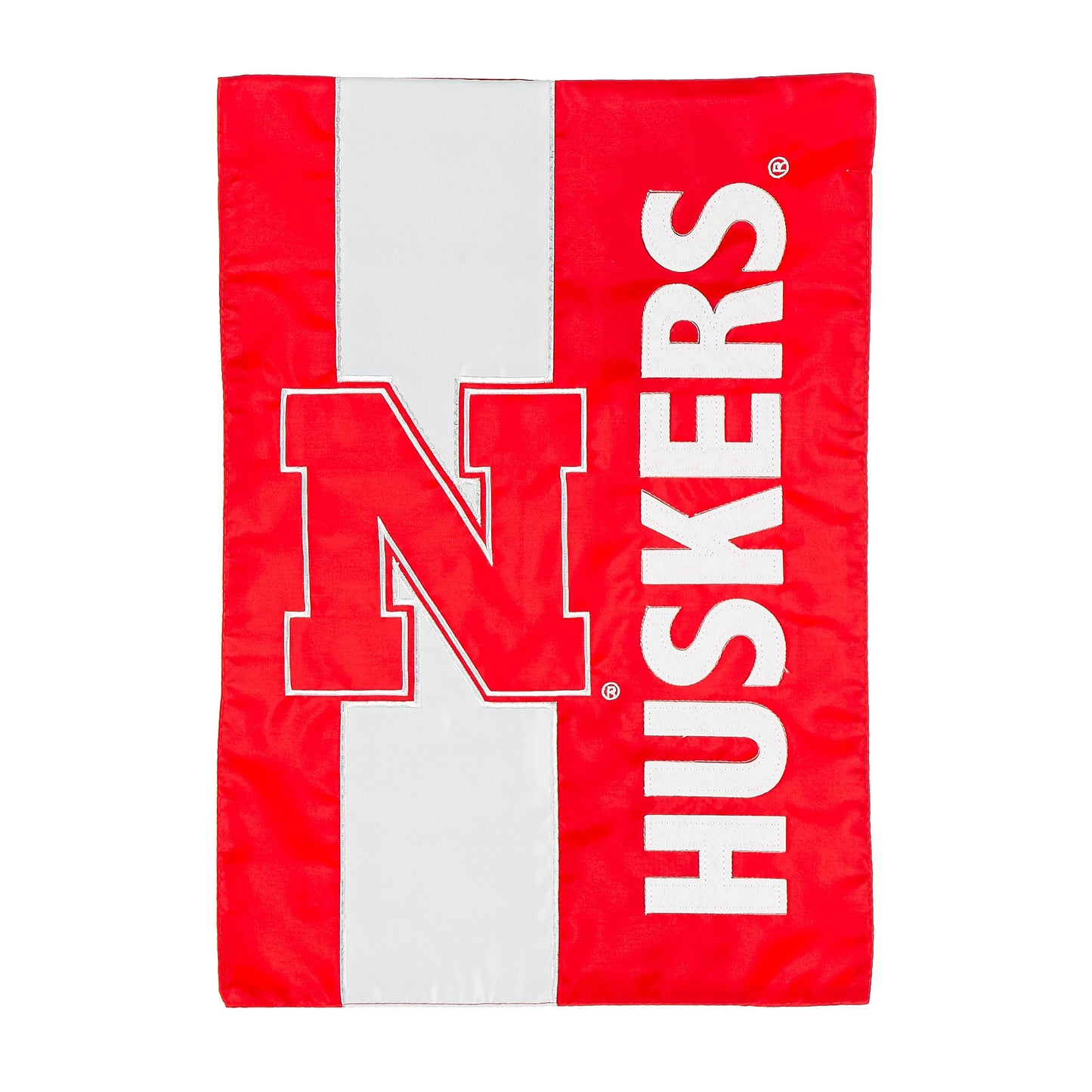 University of Nebraska garden flag red with white applique letters and gray stripe on Tampa Home & Garden Store