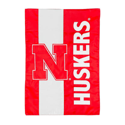 University of Nebraska garden flag red with white applique letters and gray stripe on Tampa Home & Garden Store