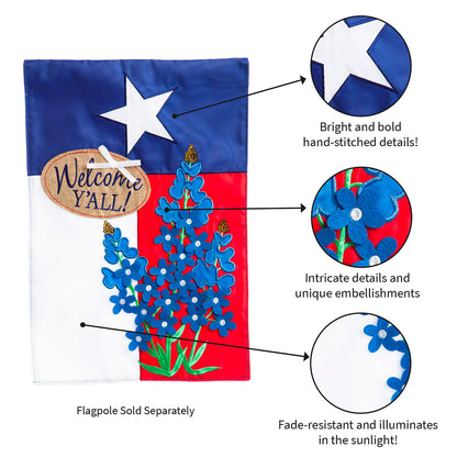 Texas Blue Bonnets Garden Applique Flag with blue floral appliques and Welcome Y'all patch on Tampa Home & Garden Store