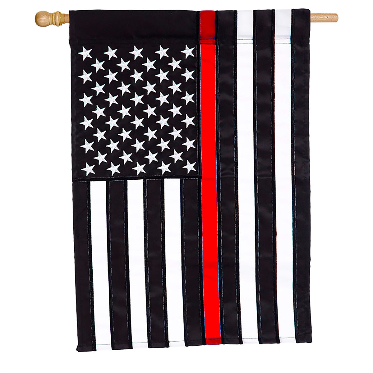 Thin Red Line House Applique Flag with black field white stars and vertical red stripe on Tampa Home & Garden Store