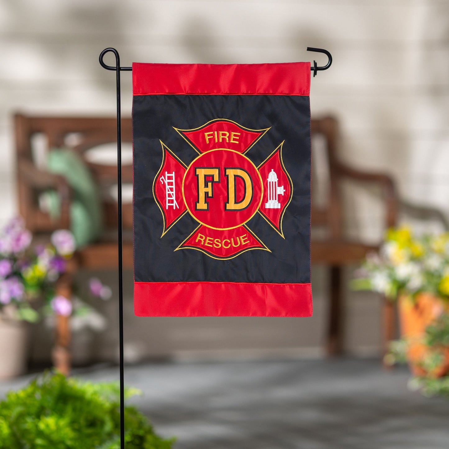 Fire Department Garden Applique Flag on metal stand; navy field with red trim and FD emblem on Tampa Home & Garden Store