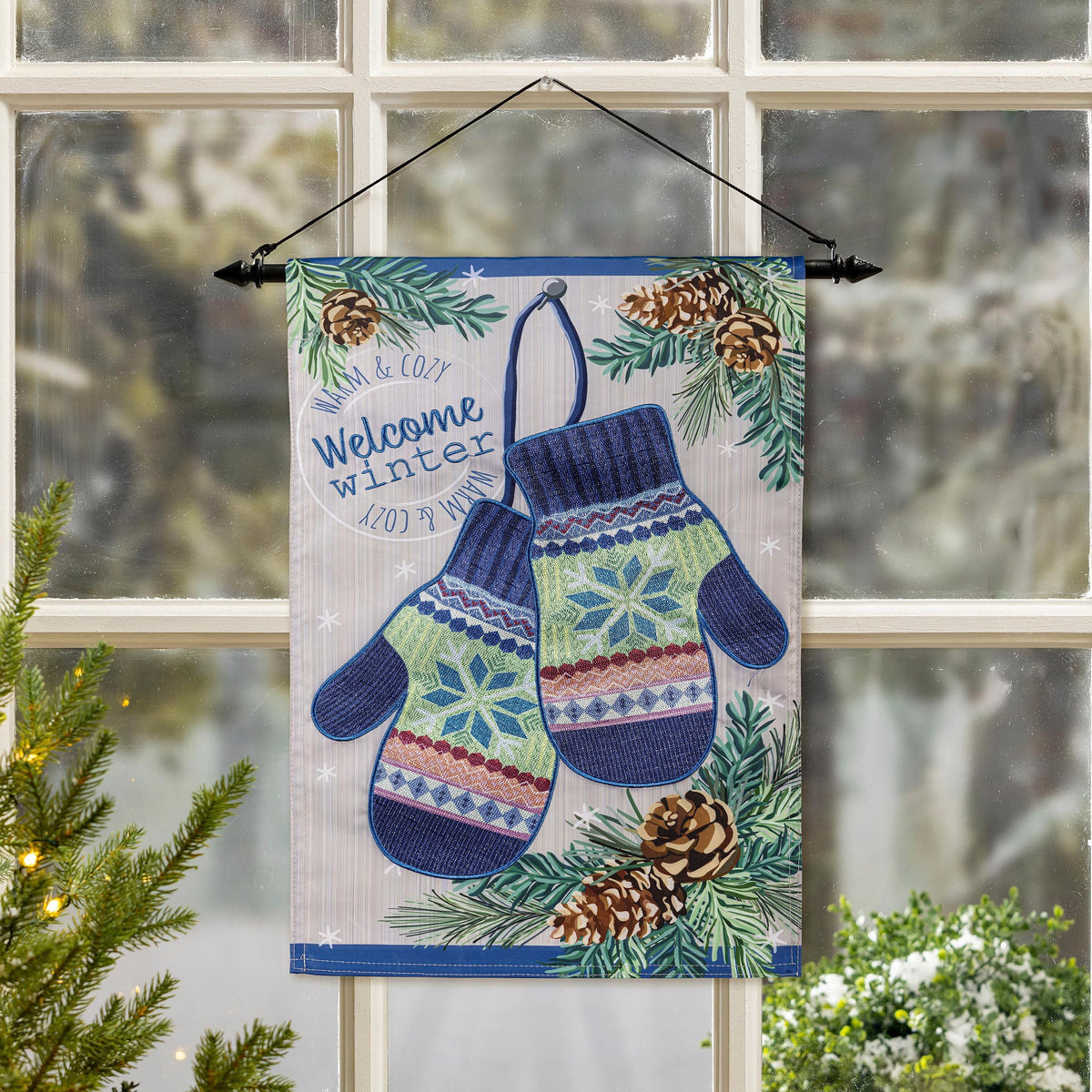Winter Mittens Applique Garden Flag featuring two blue knit mittens with pinecones and greenery on Tampa Home & Garden Store
