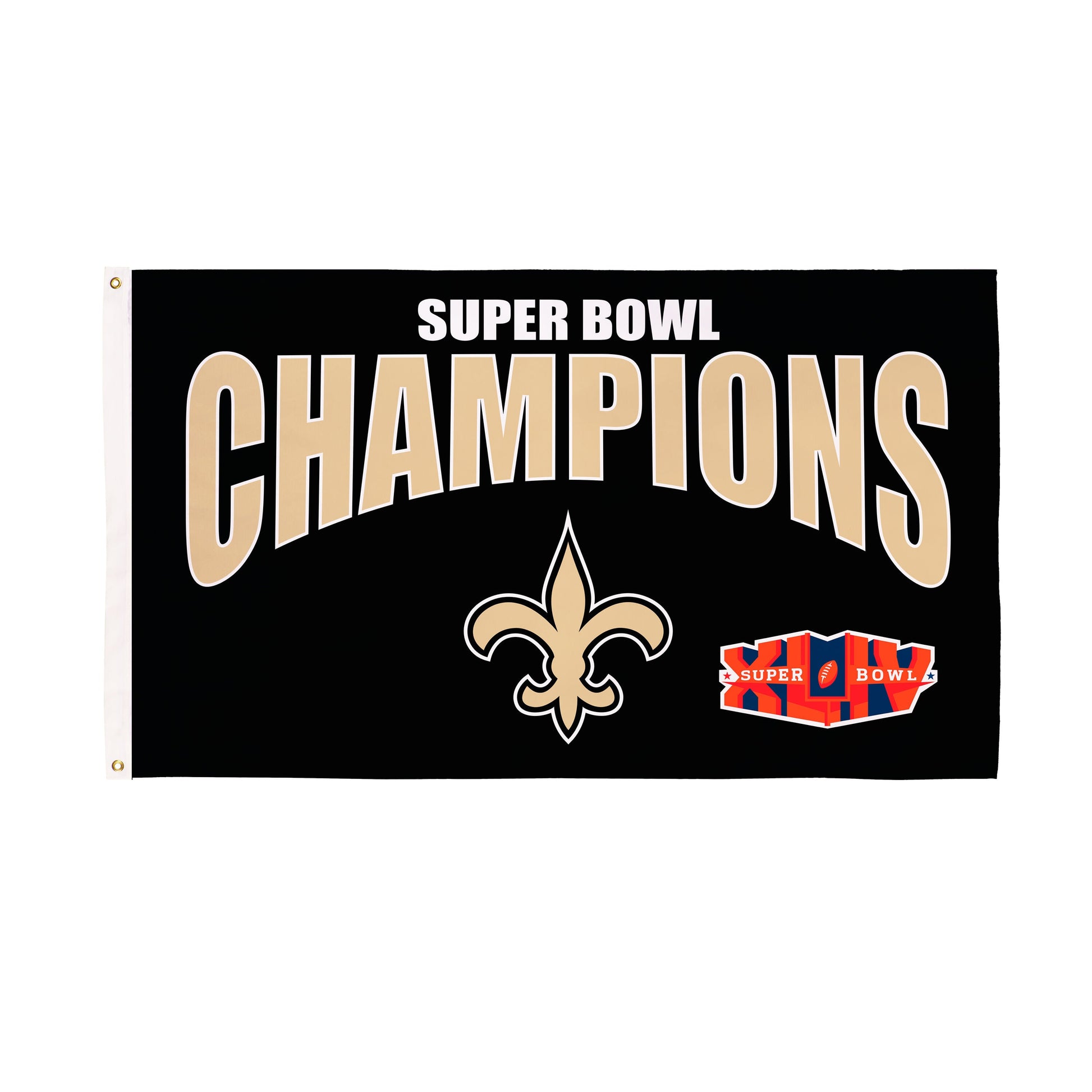New Orleans Saints 3x5 sublimated flag with black field beige CHAMPIONS fleur-de-lis on Tampa Home & Garden Store