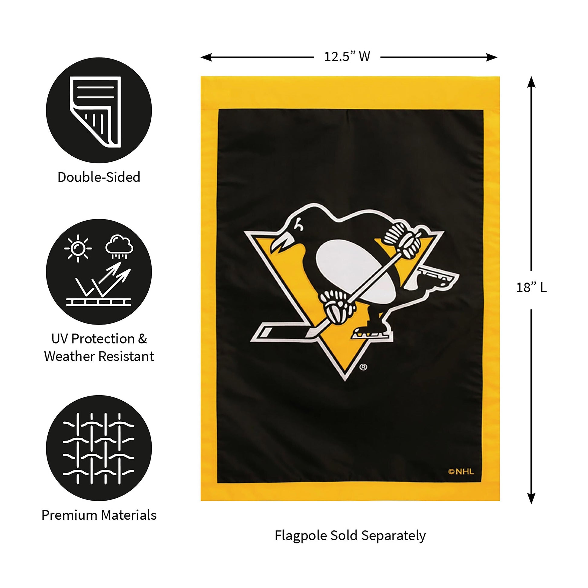 Pittsburgh Penguins applique flag with yellow border and black field featuring team logo NHL on Tampa Home & Garden Store