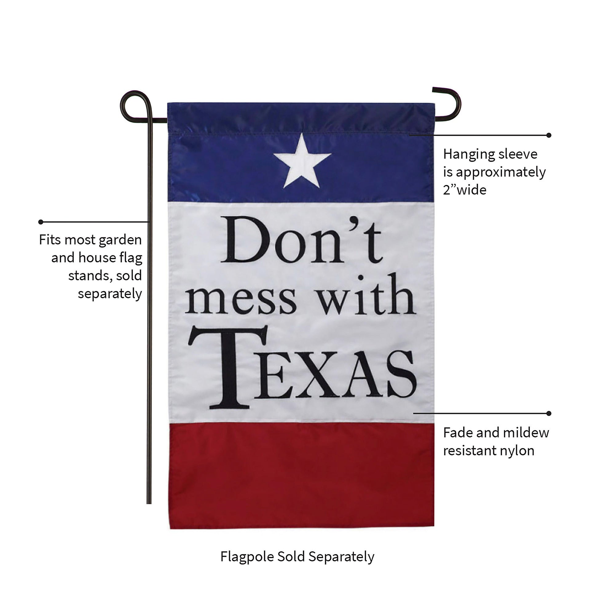 Don't Mess With Texas Garden Applique Flag blue top stripe with white star red lower panel on Tampa Home & Garden Store
