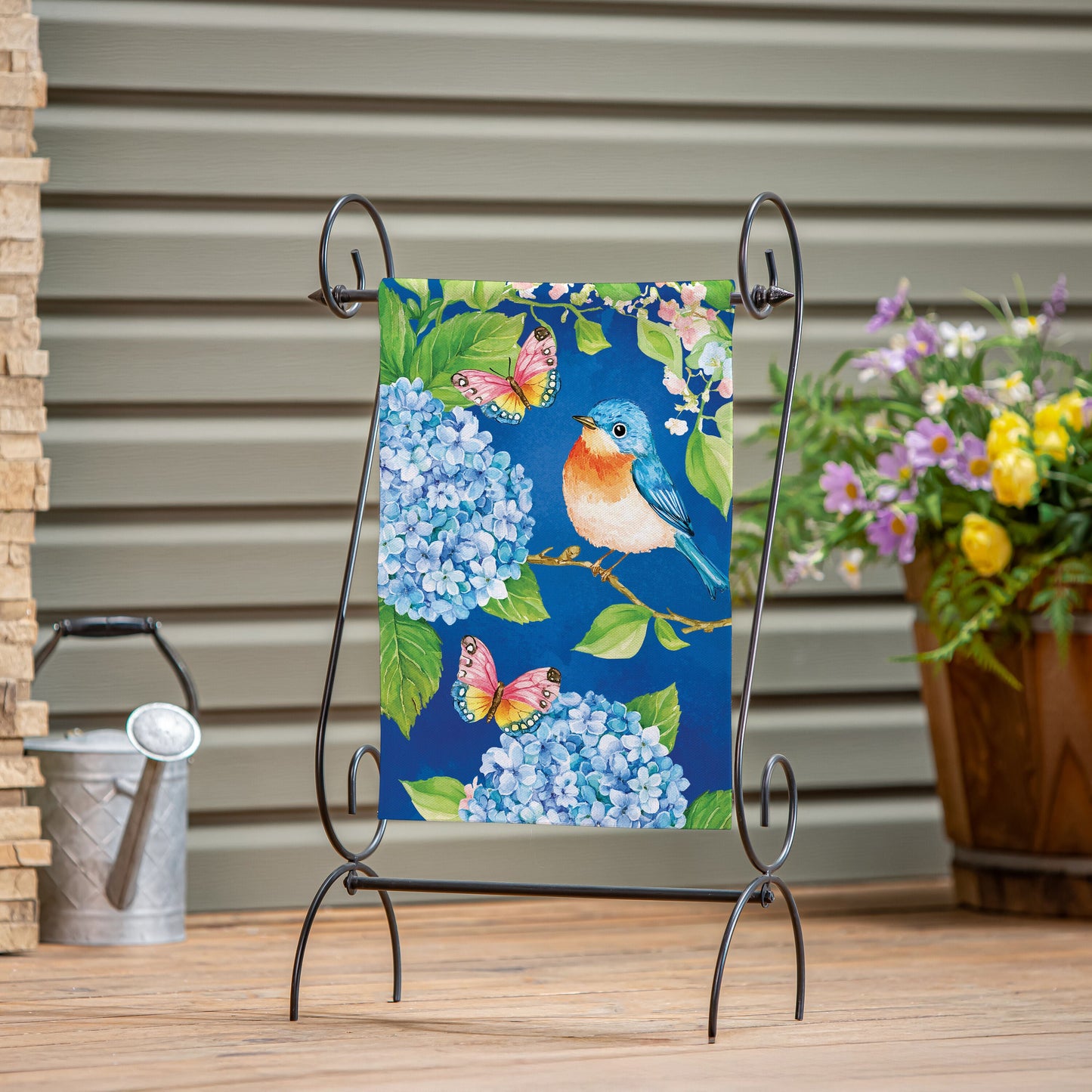 Bluebird and Hydrangea Burlap Garden Flag on metal stand by Evergreen Enterprises on Tampa Home & Garden Store
