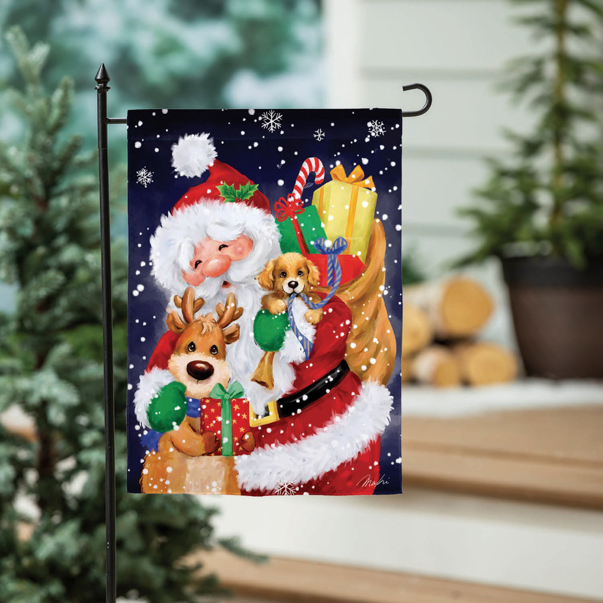 Santa, Reindeer and Puppy Suede Flag on navy background with snowflakes Evergreen on Tampa Home & Garden Store