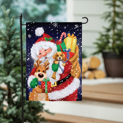 Santa, Reindeer and Puppy Suede Flag on navy background with snowflakes Evergreen on Tampa Home & Garden Store
