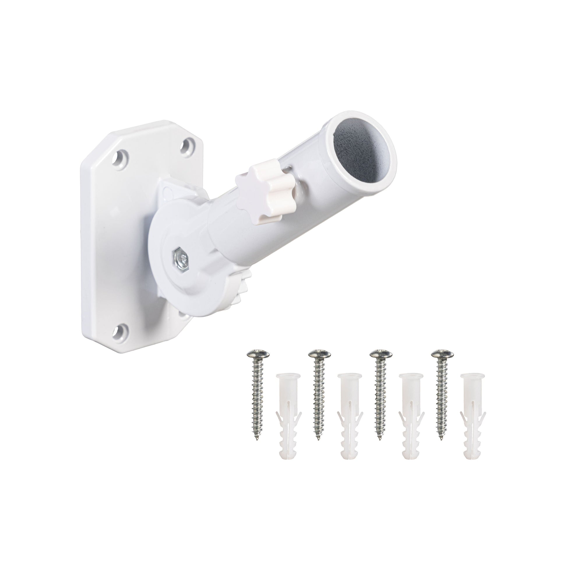 White metal flag pole bracket with mounting plate and adjustable arm, screws and wall anchors on Tampa Home & Garden Store